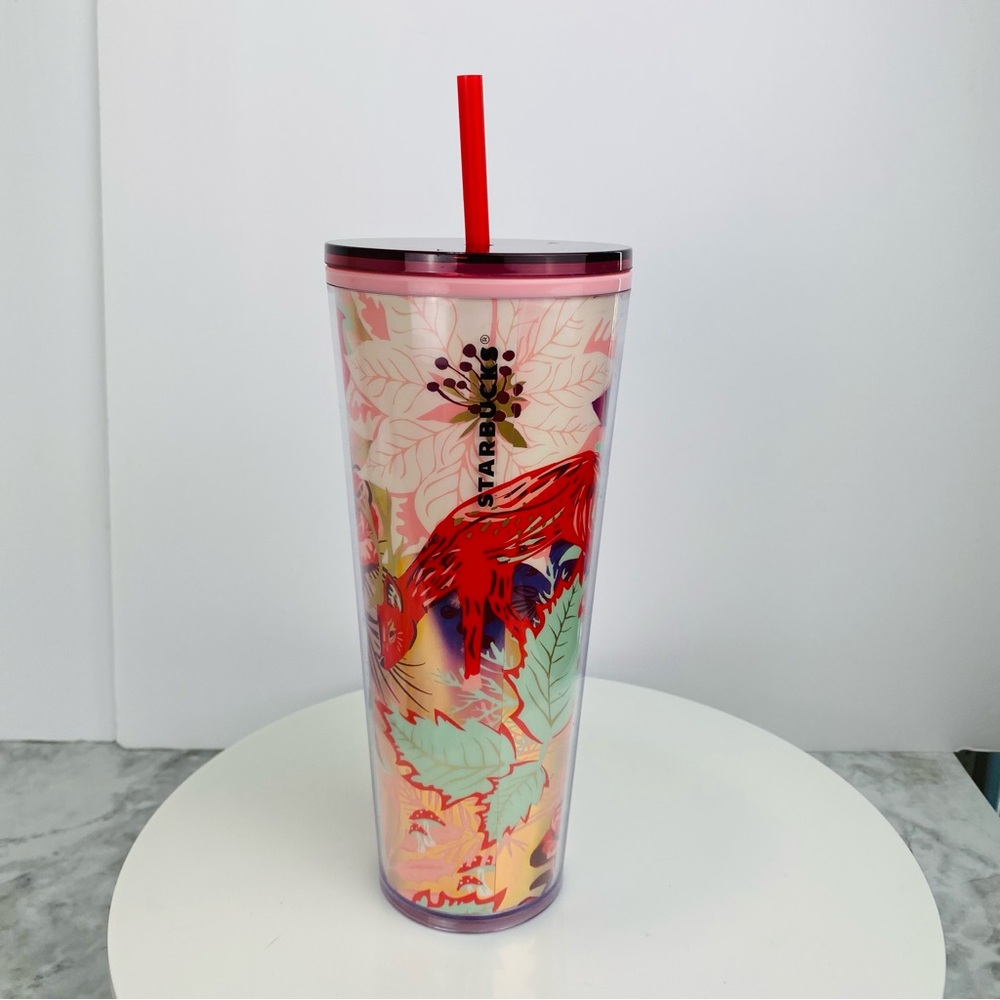 Starbucks Collectible Tumbler Coffee Cup Venti Floral  Metallic Pink Red 24oz‎